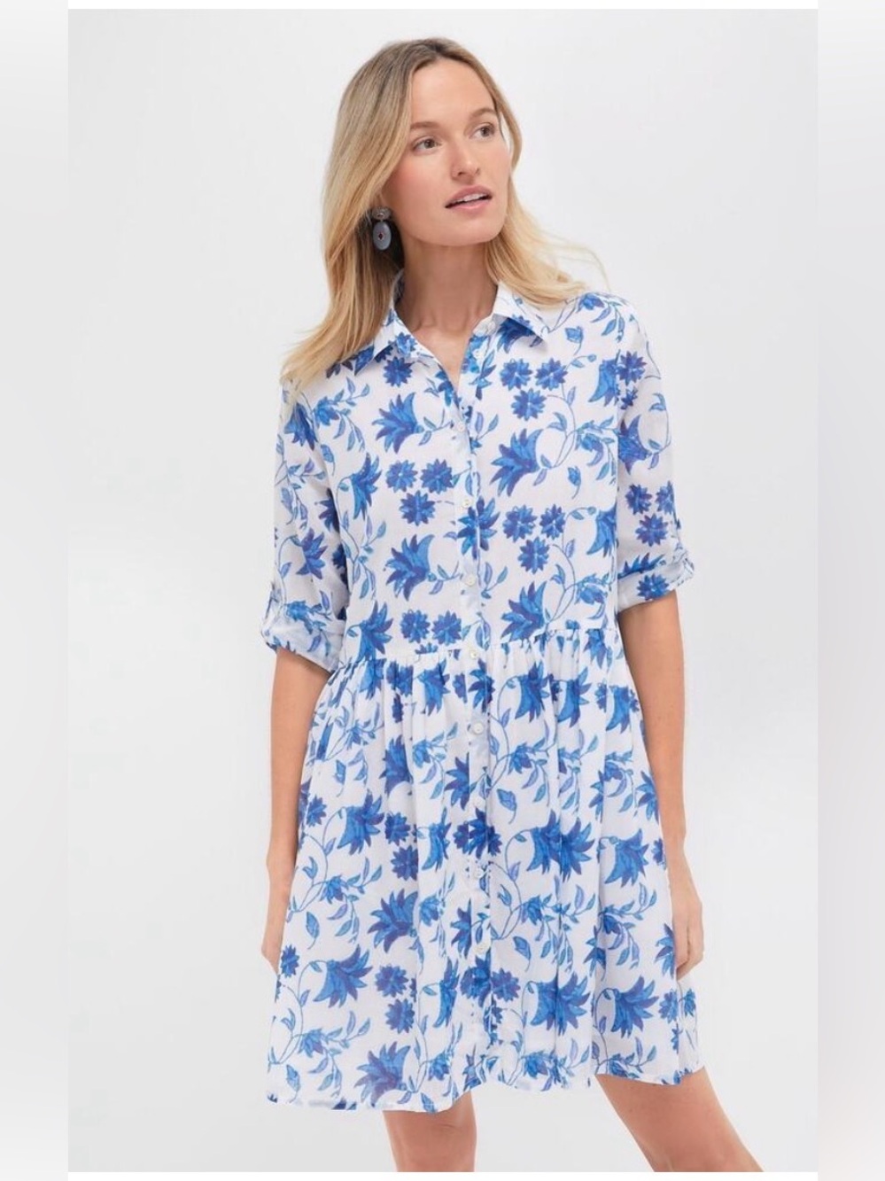 Oliphant White Long-Sleeve Tiered Dress with Blue and Green Floral Print